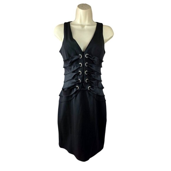 Chetta B Y2K Black Silk Corset Style Mini Dress Sz 4 Rhinestone Bodice Grommets - Picture 3 of 9